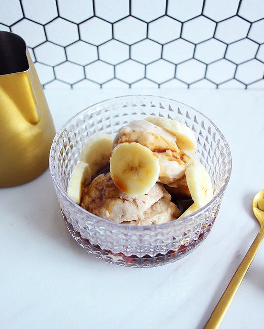 Easy banana ice-cream with coffee syrup